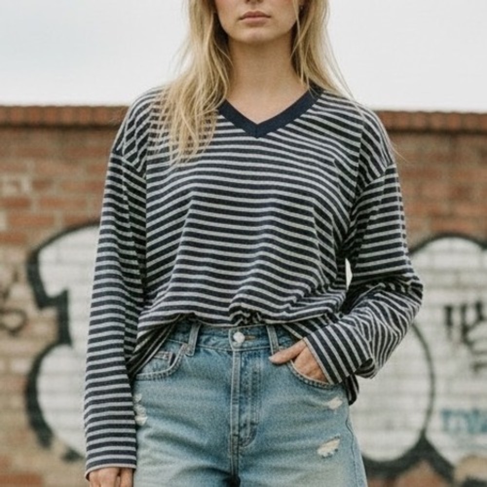 Vintage Hi-Line Size S Vneck Henley‎ Blue Stripe Oversized Cotton Long Sleeve